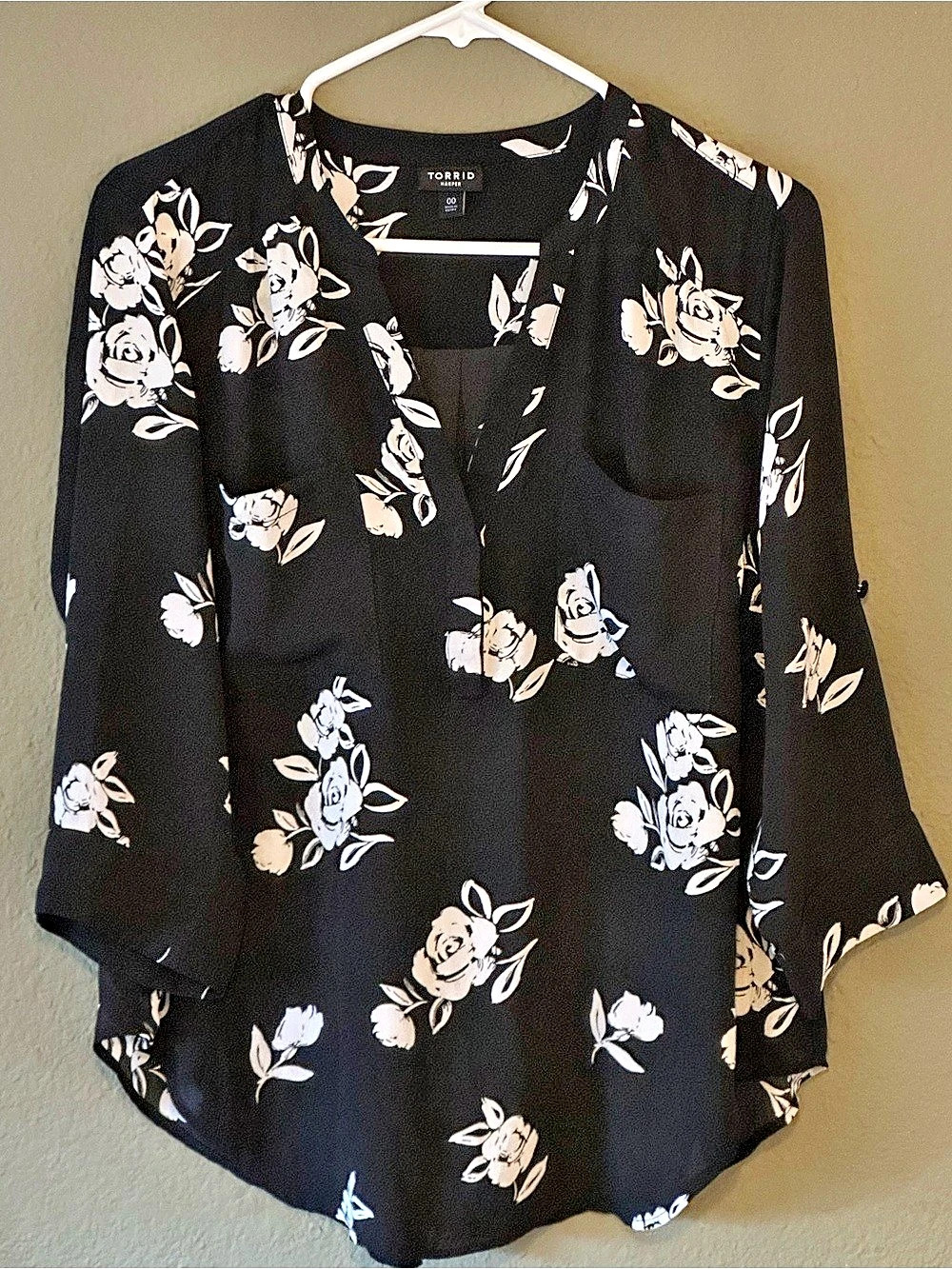 Torrid Harper Georgette 3/4 Sleeve Blouse Black & White Size 00